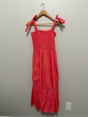 S’edge Cotton Tie-Shoulder Smocked Tiered Maxi Dress in Coral Pink